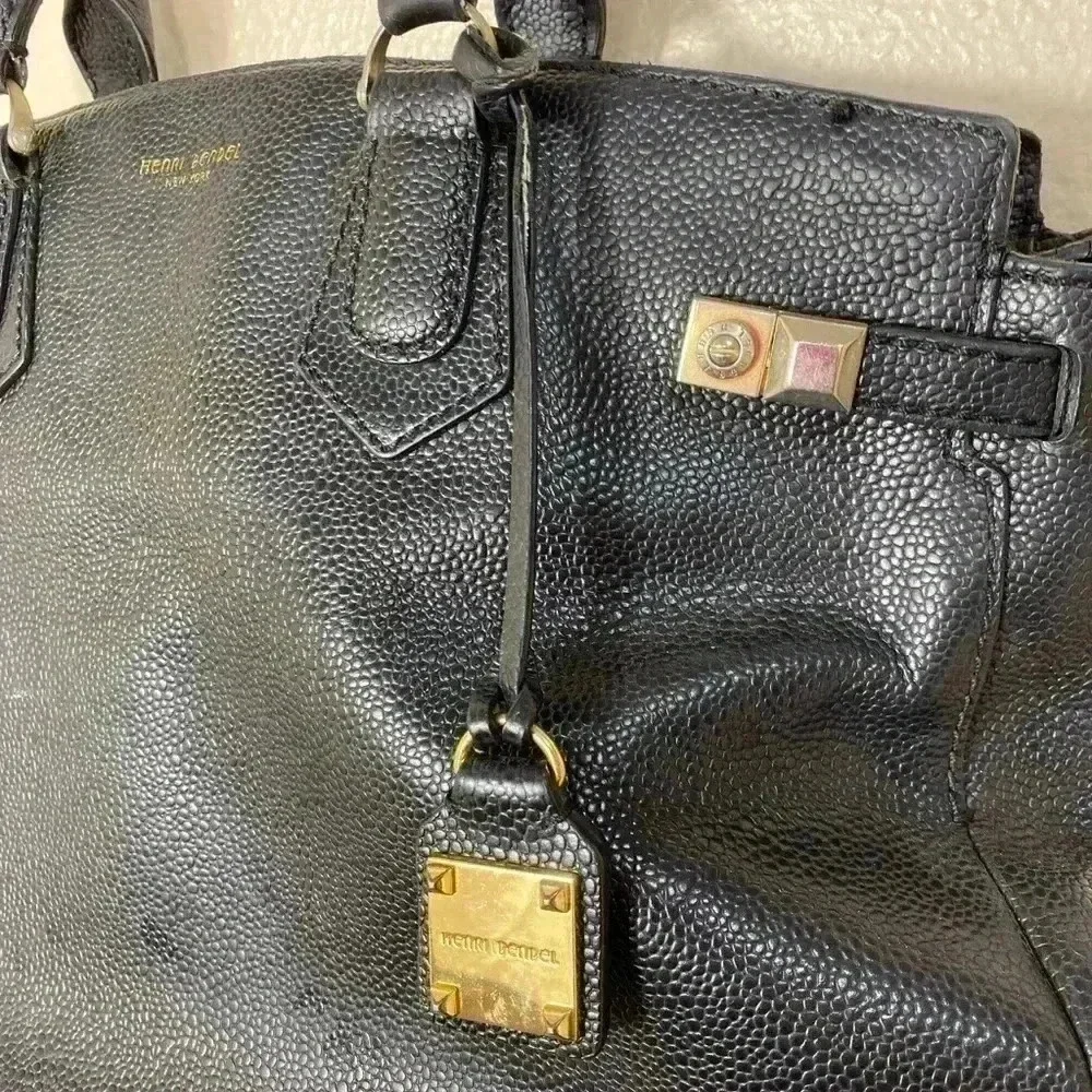 Henri Bendel Carlyle Tote Black Pebbled Leather Purse Shoulder Bag Purple Satin